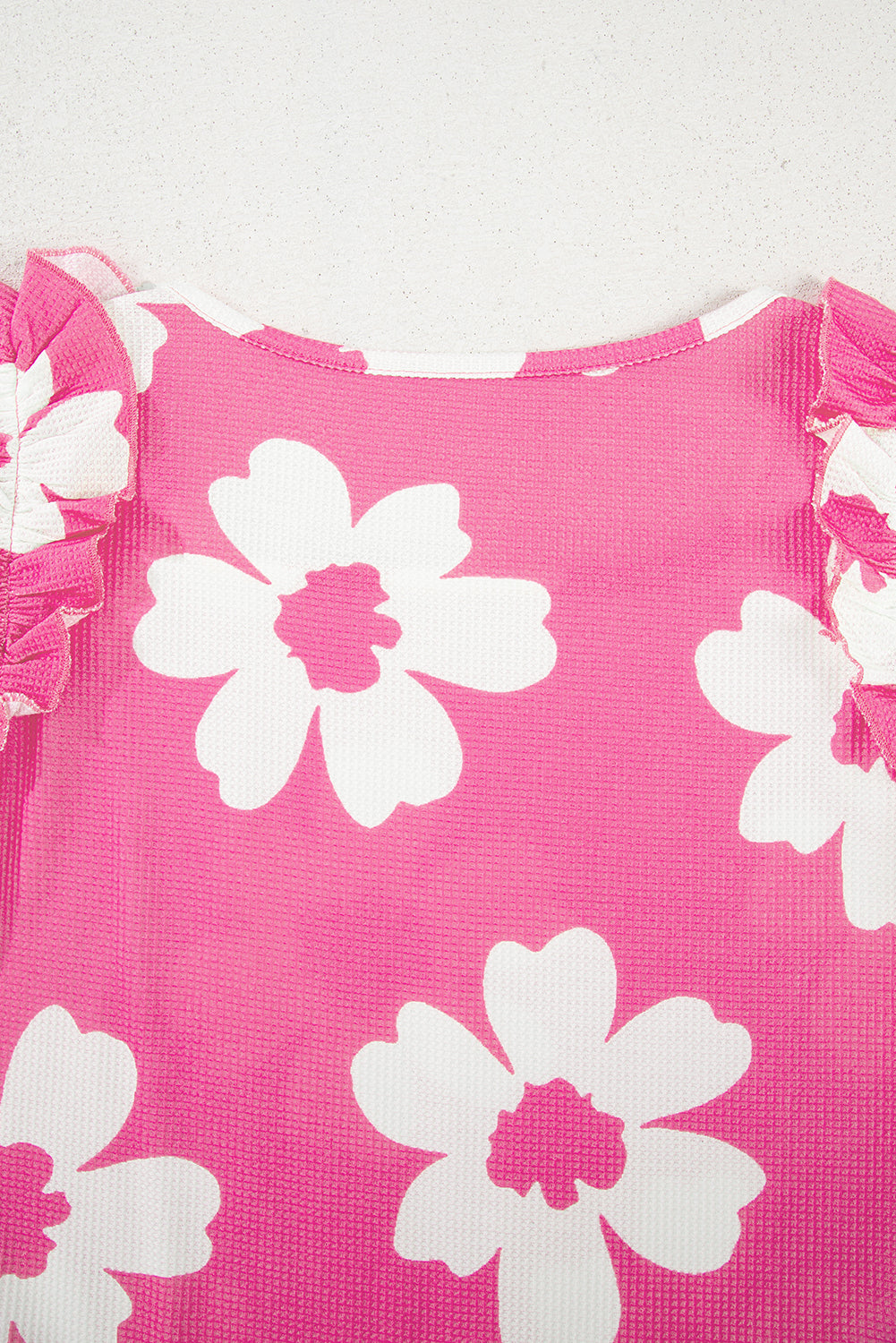 Brown Floral Textured Ruffled Short Sleeve Square Neck Blouse