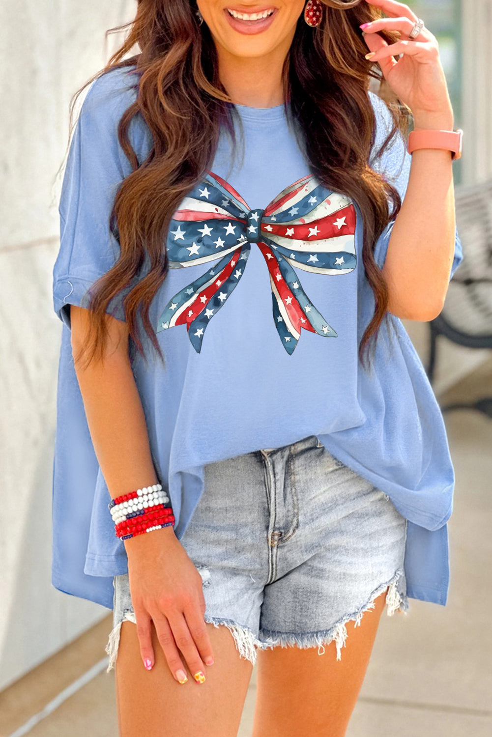 Myosotis July 4th Stars and Striped Bow Print Oversize Tee