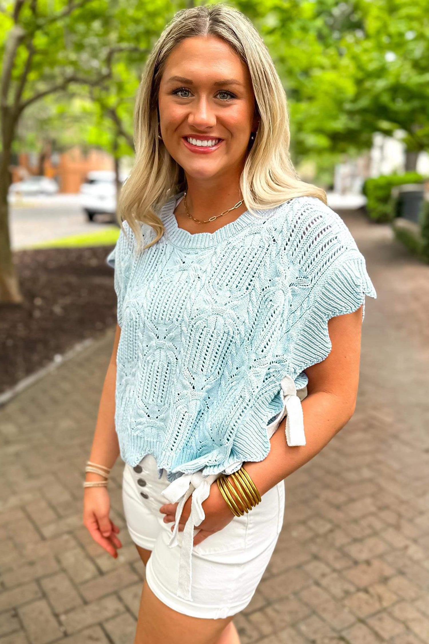 Mint Green Pointelle Knit Patterned Scalloped Trim Short Sleeve Sweater