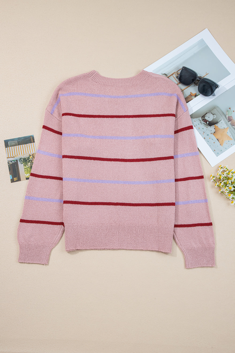 Multicolour Striped Buttoned Front V Neck Drop Shoulder Cardigan Sweater